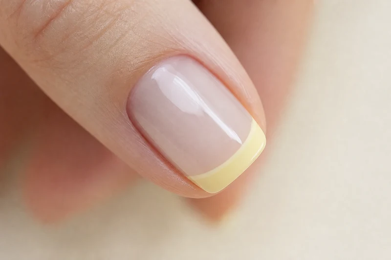 Gros plan macro sur un ongle court en micro french jaune beurre trait 1 mm