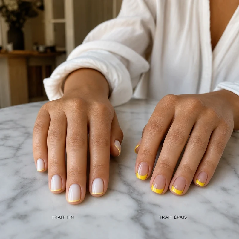 Comparaison French fine et French épaisse en jaune beurre sur ongles courts