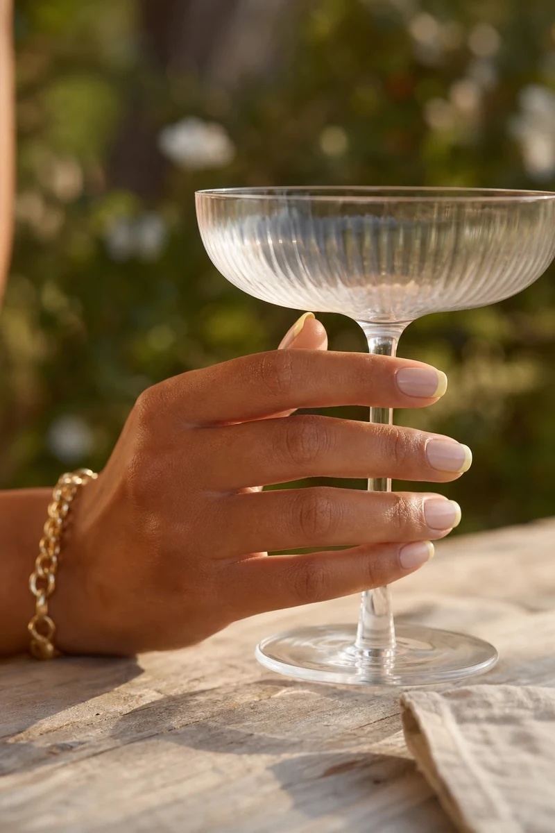 Main à peau mate aux ongles courts en French jaune beurre sur base nude rosée