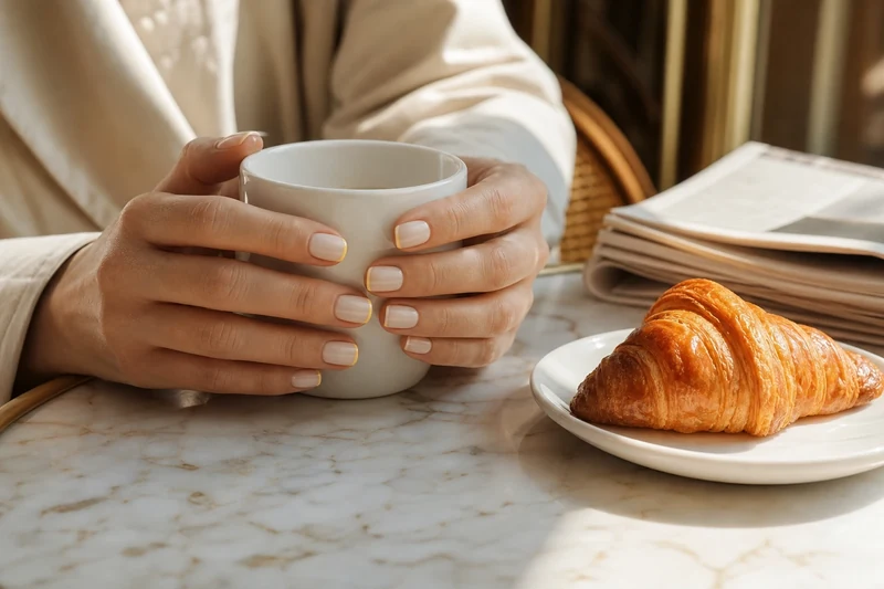 Ongles courts en French jaune beurre sur table de bistrot parisien