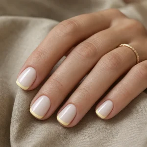 Main aux ongles courts squoval en French jaune beurre sur base laiteuse, lumière naturelle