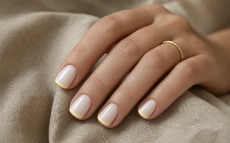 Main aux ongles courts squoval en French jaune beurre sur base laiteuse, lumière naturelle