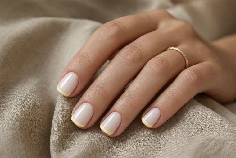 Main aux ongles courts squoval en French jaune beurre sur base laiteuse, lumière naturelle