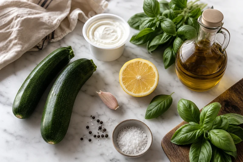 Ingrédients du gaspacho de courgette : courgettes, yaourt grec, citron, ail, basilic, huile d'olive