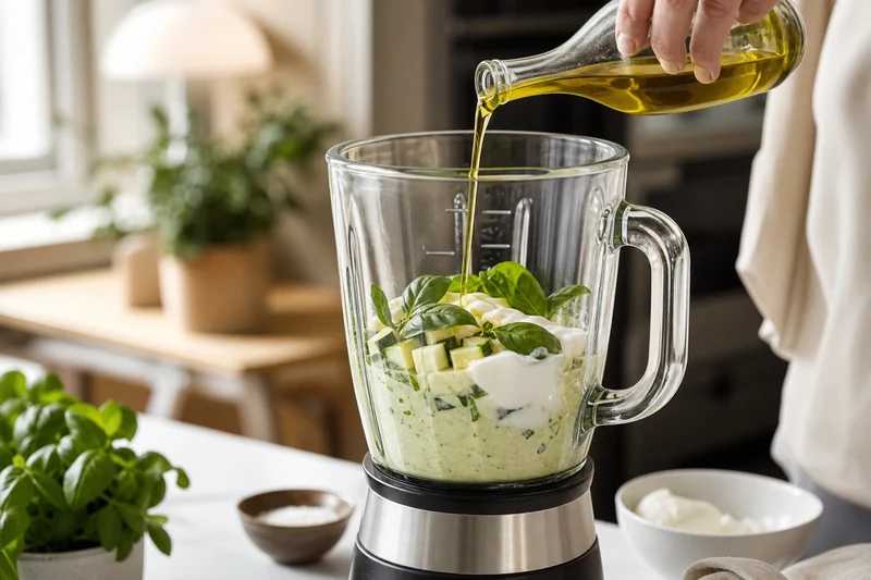 Mixage du gaspacho de courgette dans un blender avec ajout d'huile d'olive