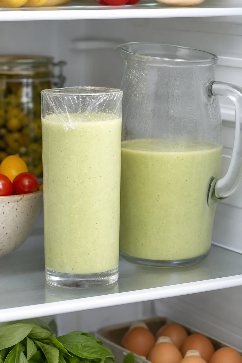 Gaspacho de courgette au repos au réfrigérateur avant service
