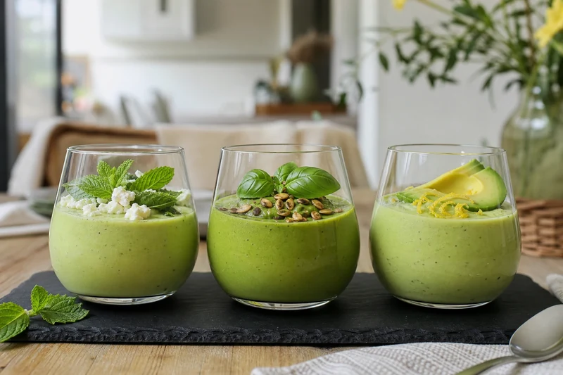 Trois variantes de gaspacho de courgette : menthe-feta, basilic-graines, avocat-citron