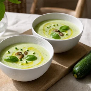 Deux bols de gaspacho de courgette froid vert pâle, garnis de basilic, huile d'olive et dés de courgette crue