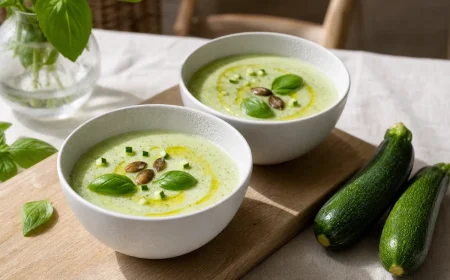 Deux bols de gaspacho de courgette froid vert pâle, garnis de basilic, huile d'olive et dés de courgette crue