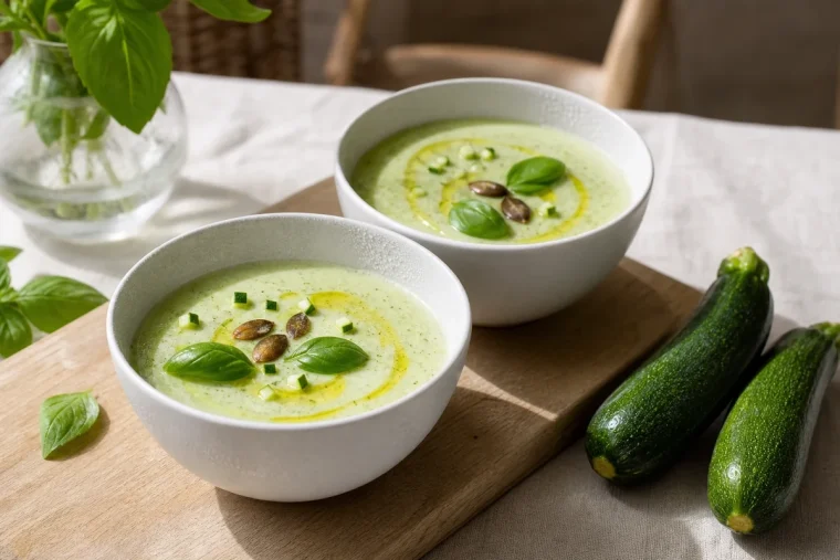 Deux bols de gaspacho de courgette froid vert pâle, garnis de basilic, huile d'olive et dés de courgette crue