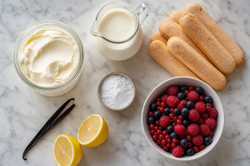 Ingrédients pour le gâteau au frigo aux fruits rouges : mascarpone, crème, biscuits cuillère, framboises, myrtilles