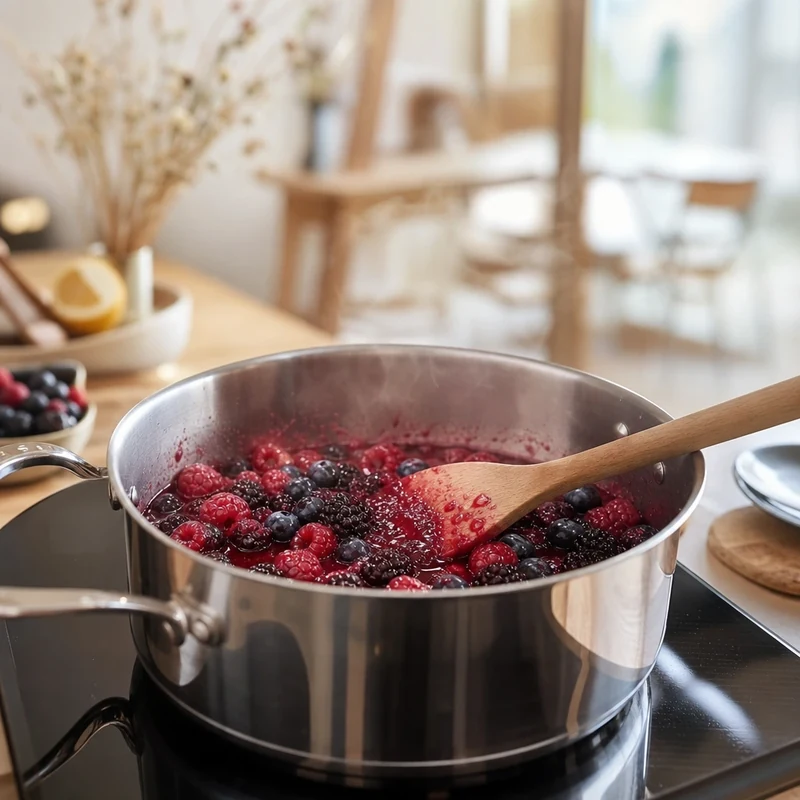 Préparation de la sauce aux fruits rouges dans une casserole avec sucre et jus de citron