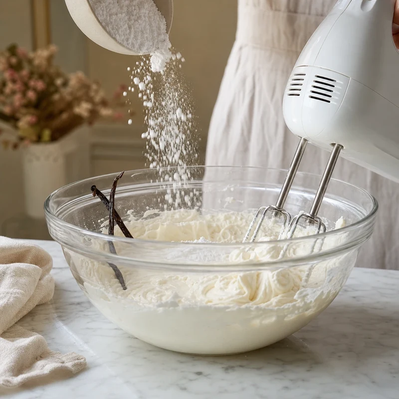 Préparation de la crème mascarpone fouettée avec crème liquide et sucre glace