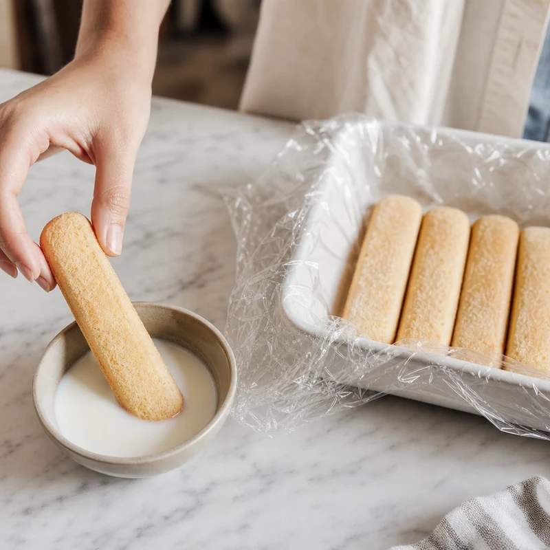 Trempage rapide des biscuits à la cuillère dans le lait avant montage