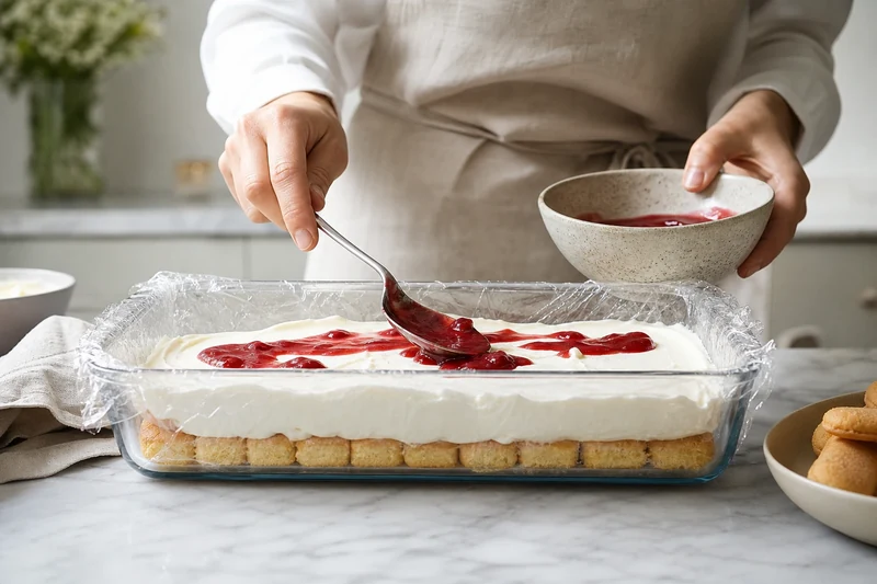 Montage du gâteau au frigo en couches : biscuits, crème mascarpone, sauce aux fruits rouges