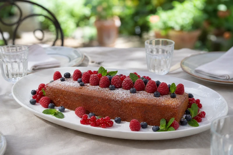 Gâteau au frigo aux fruits rouges démoulé et décoré de framboises, myrtilles et menthe fraîche