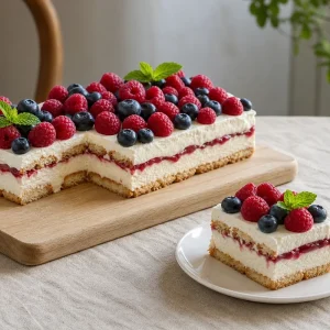 Gâteau au frigo aux fruits rouges tranché montrant les couches de crème mascarpone, biscuits cuillère et coulis de framboises