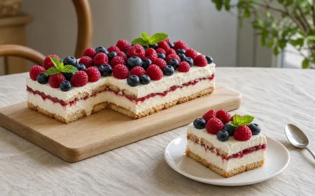 Gâteau au frigo aux fruits rouges tranché montrant les couches de crème mascarpone, biscuits cuillère et coulis de framboises