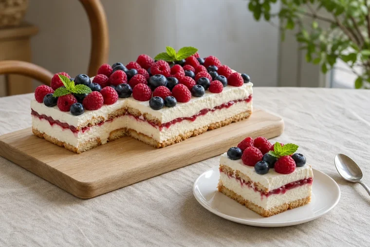 Gâteau au frigo aux fruits rouges tranché montrant les couches de crème mascarpone, biscuits cuillère et coulis de framboises