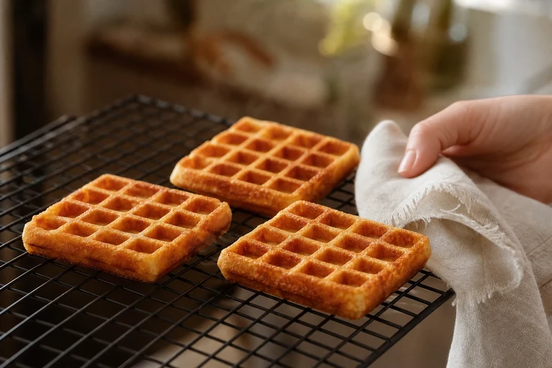 Mini-gaufres salées dorées sur une grille de refroidissement