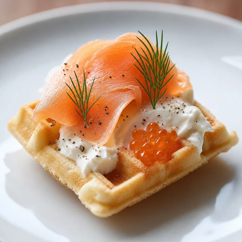 Mini-gaufre au saumon fumé, fromage frais et œufs de truite