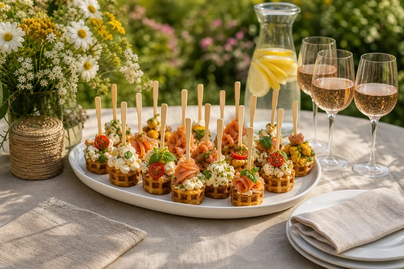 Buffet estival au jardin avec mini-gaufres piquées sur bâtonnets