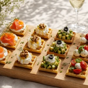 Planche de mini-gaufres salées garnies pour un apéritif estival
