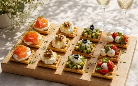 Planche de mini-gaufres salées garnies pour un apéritif estival