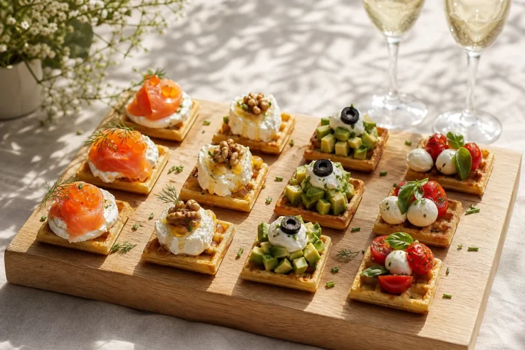 Planche de mini-gaufres salées garnies pour un apéritif estival