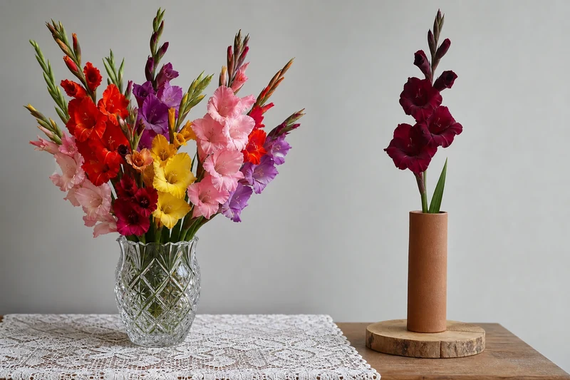 Comparaison : bouquet multicolore de glaïeuls dans un vase en cristal à gauche, tige unique bordeaux dans un vase en terre cuite à droite