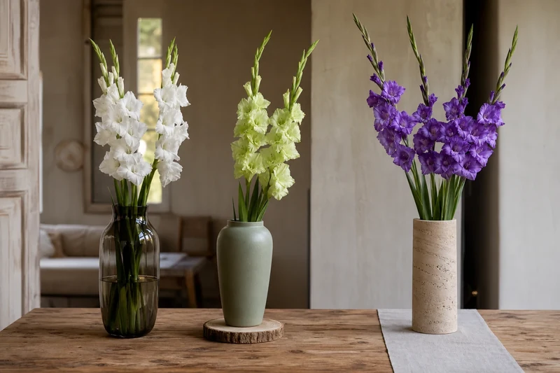Trois variantes modernes de décoration de table avec un glaïeul solitaire dans un vase épuré : verre fumé, céramique sauge, travertin