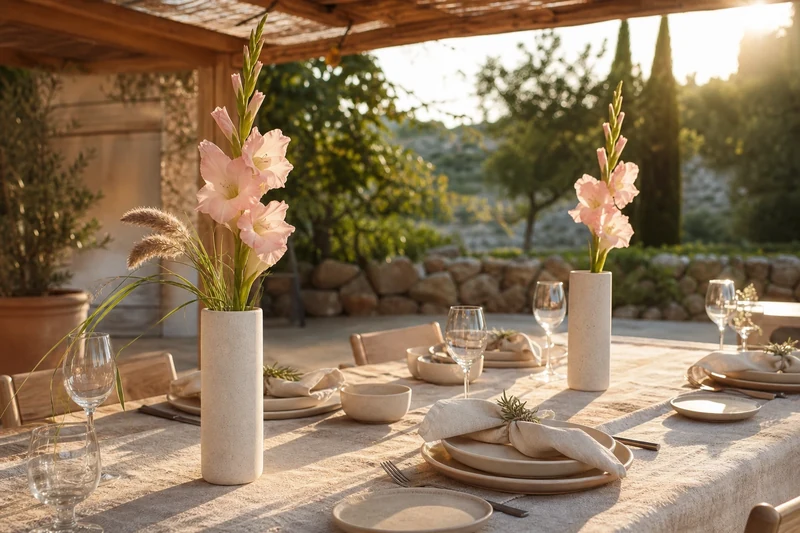 Table d'été sous pergola avec deux vases étroits de glaïeuls roses et vaisselle en grès crème