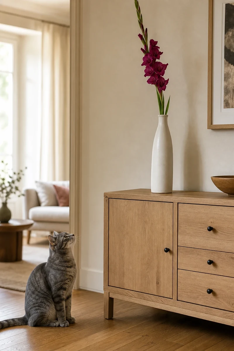 Vase étroit avec un glaïeul bordeaux sur une console haute, un chat au sol en dessous — mise hors de portée