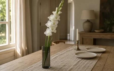 Une tige de glaïeul blanc dans un vase cylindrique en verre fumé, sur un chemin en lin beige et une table en chêne clair