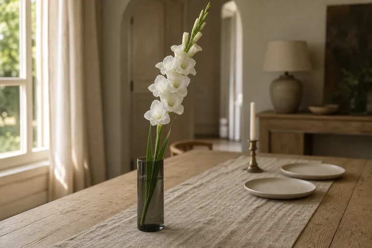 Une tige de glaïeul blanc dans un vase cylindrique en verre fumé, sur un chemin en lin beige et une table en chêne clair