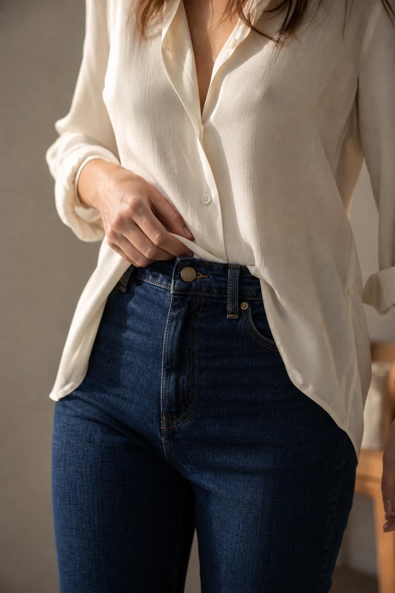 Geste du French tuck : rentrer seulement l'avant du haut dans le jean taille haute