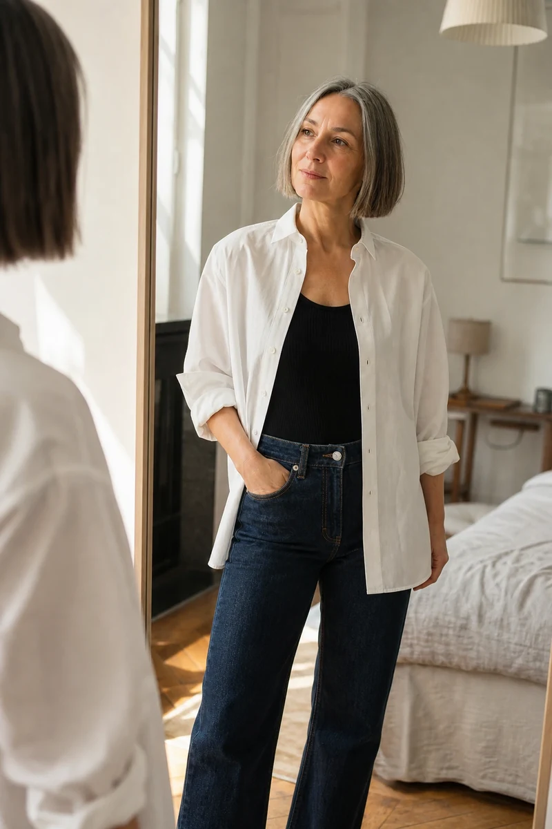 Chemise oversize blanche ouverte sur body noir : l'effet colonne verticale qui affine
