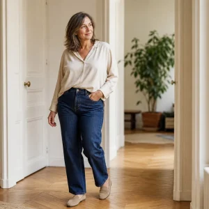Femme de 52 ans en blouse fluide écru semi-rentrée dans un jean taille haute droit, silhouette affinée par la coupe mi-hanche