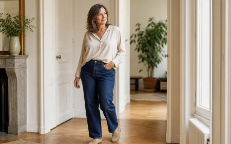 Femme de 52 ans en blouse fluide écru semi-rentrée dans un jean taille haute droit, silhouette affinée par la coupe mi-hanche