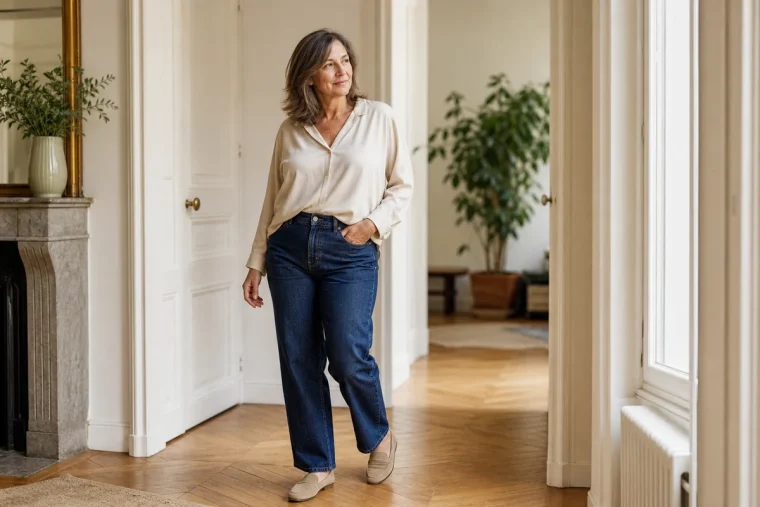 Femme de 52 ans en blouse fluide écru semi-rentrée dans un jean taille haute droit, silhouette affinée par la coupe mi-hanche