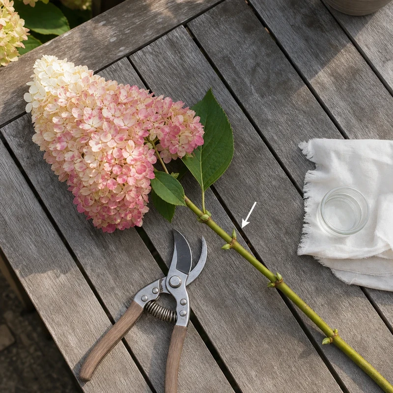 Sécateur positionné au-dessus de la première paire de bourgeons sains sur une tige d'hortensia paniculé
