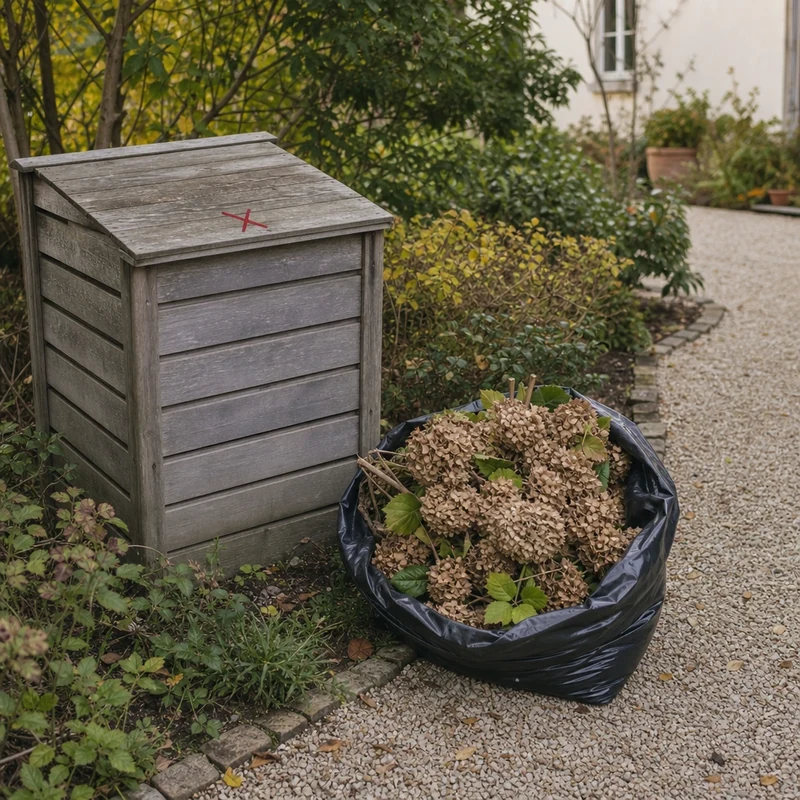 Sac poubelle fermé contenant les inflorescences d'hortensia atteintes, à jeter aux ordures ménagères et non au compost