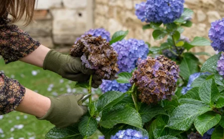Main gantée cassant une inflorescence d'hortensia brunie après un orage d'été