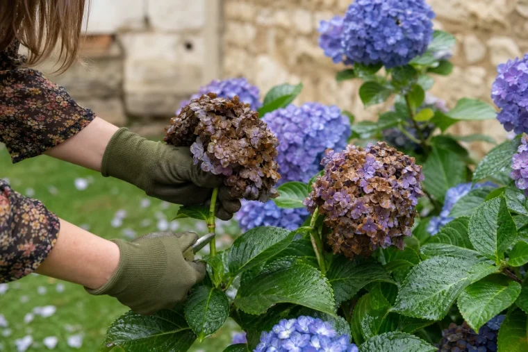 Main gantée cassant une inflorescence d'hortensia brunie après un orage d'été
