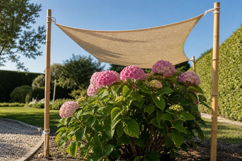 Voile d'ombrage tendu au-dessus d'un hortensia pour le protéger du soleil de l'après-midi