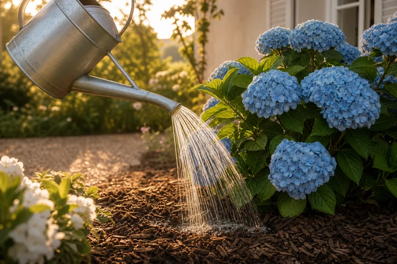 Arrosage au pied d'un hortensia en fin de journée, lumière dorée