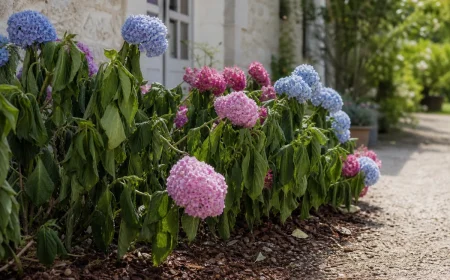 Massif d'hortensias roses et bleus aux feuilles affaissées en pleine chaleur d'après-midi