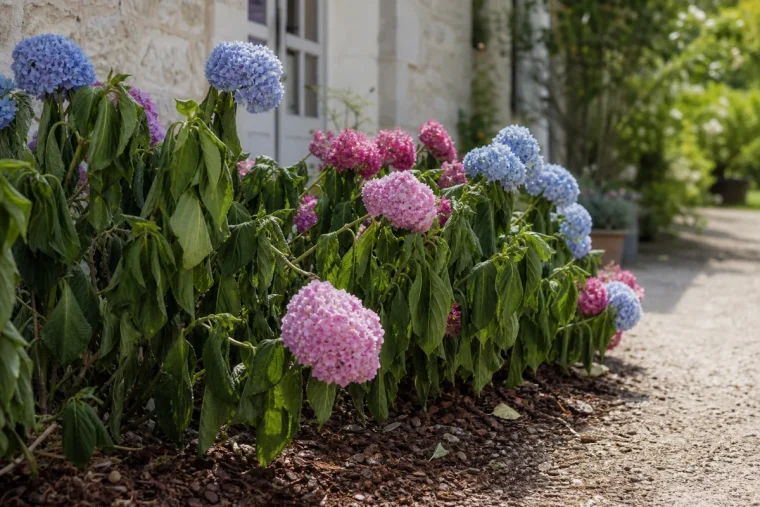 Massif d'hortensias roses et bleus aux feuilles affaissées en pleine chaleur d'après-midi