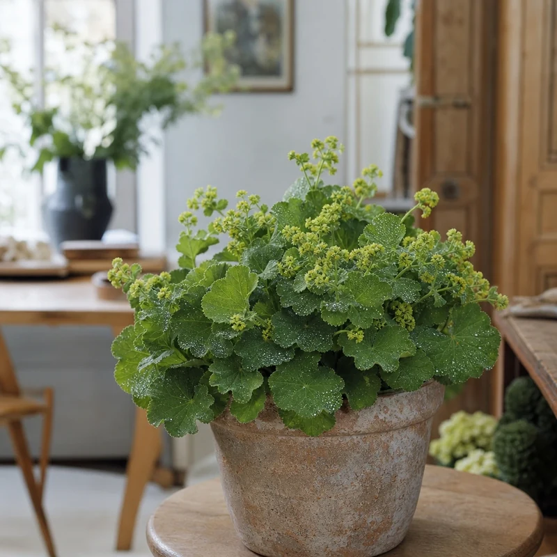 Alchémille molle en pot avec feuilles retenant la rosée