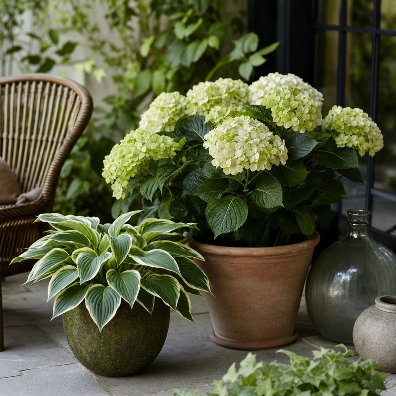 Hosta nain accompagnant un hortensia en pot sur terrasse ombragée